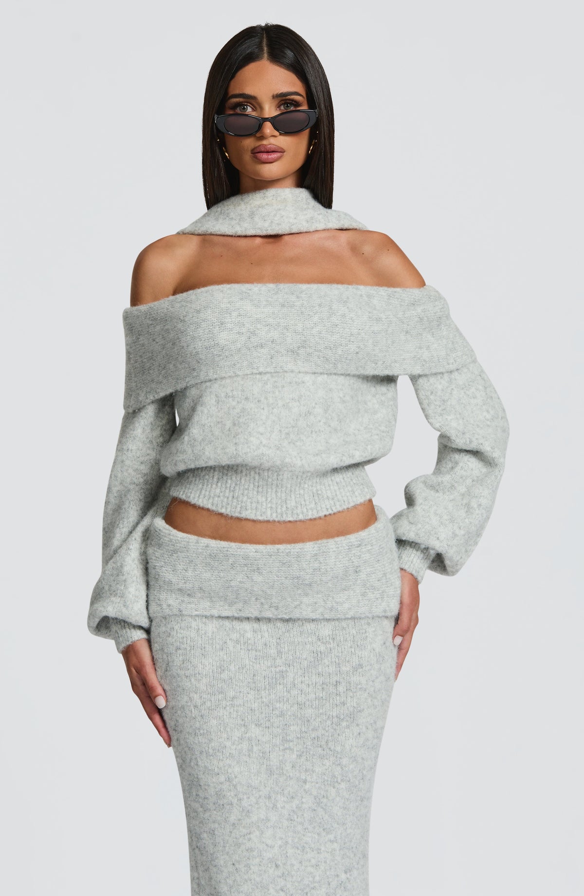 Jersey de Punto Hombros Descubiertos Andie – Gris Claro Jaspeado