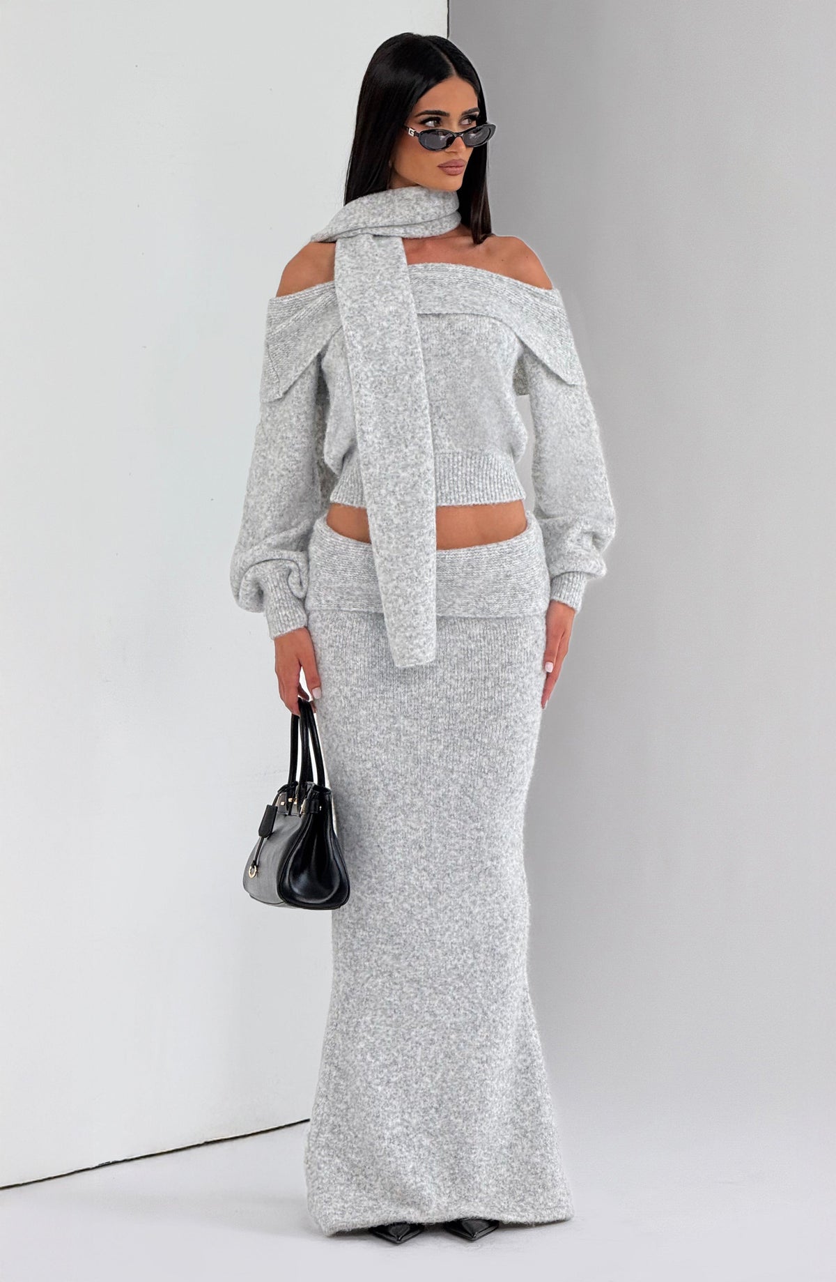Jersey de Punto Hombros Descubiertos Andie – Gris Claro Jaspeado