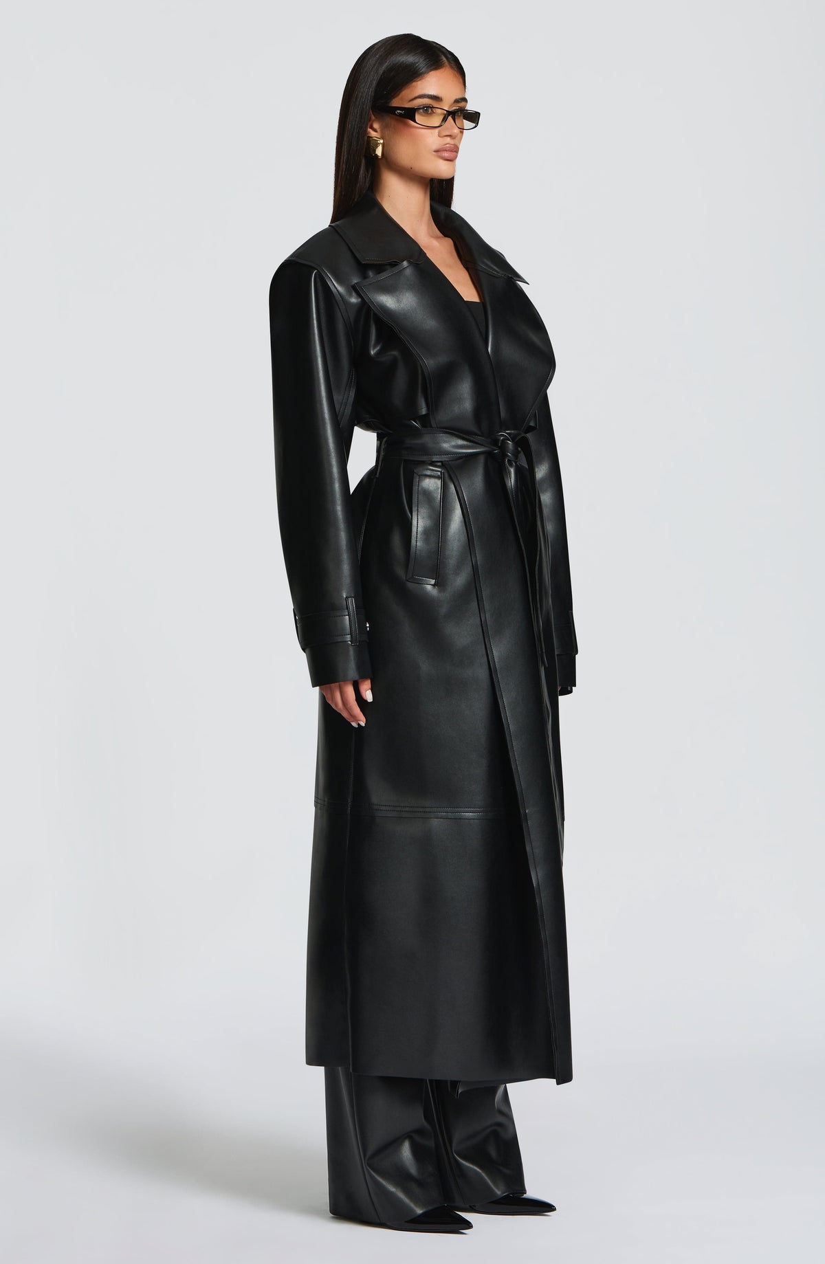 Gabardina Larga Efecto Piel Bridget – Negro