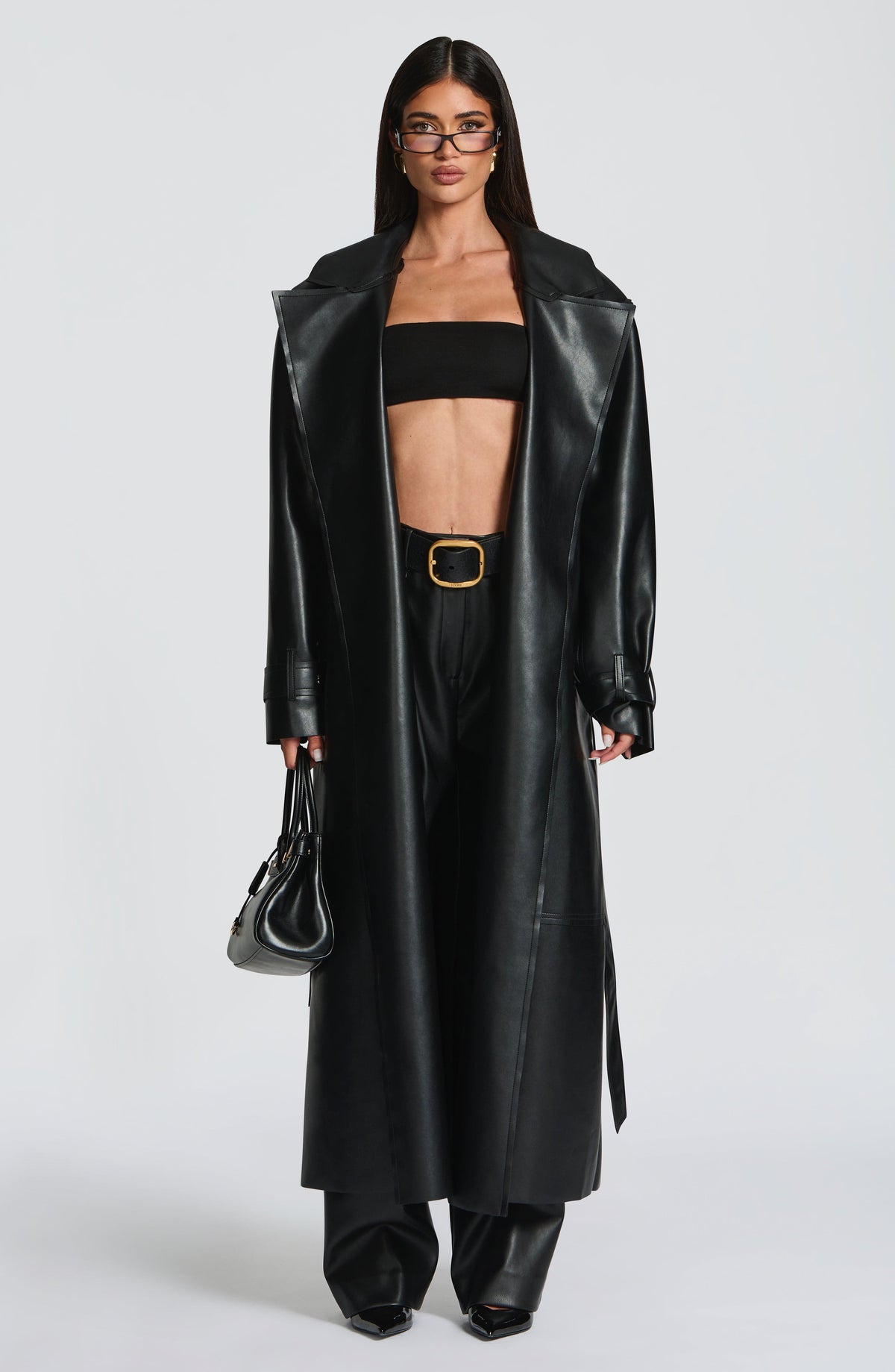 Gabardina Larga Efecto Piel Bridget – Negro