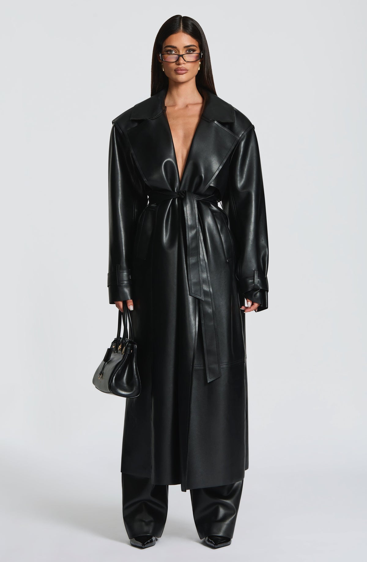Gabardina Larga Efecto Piel Bridget – Negro