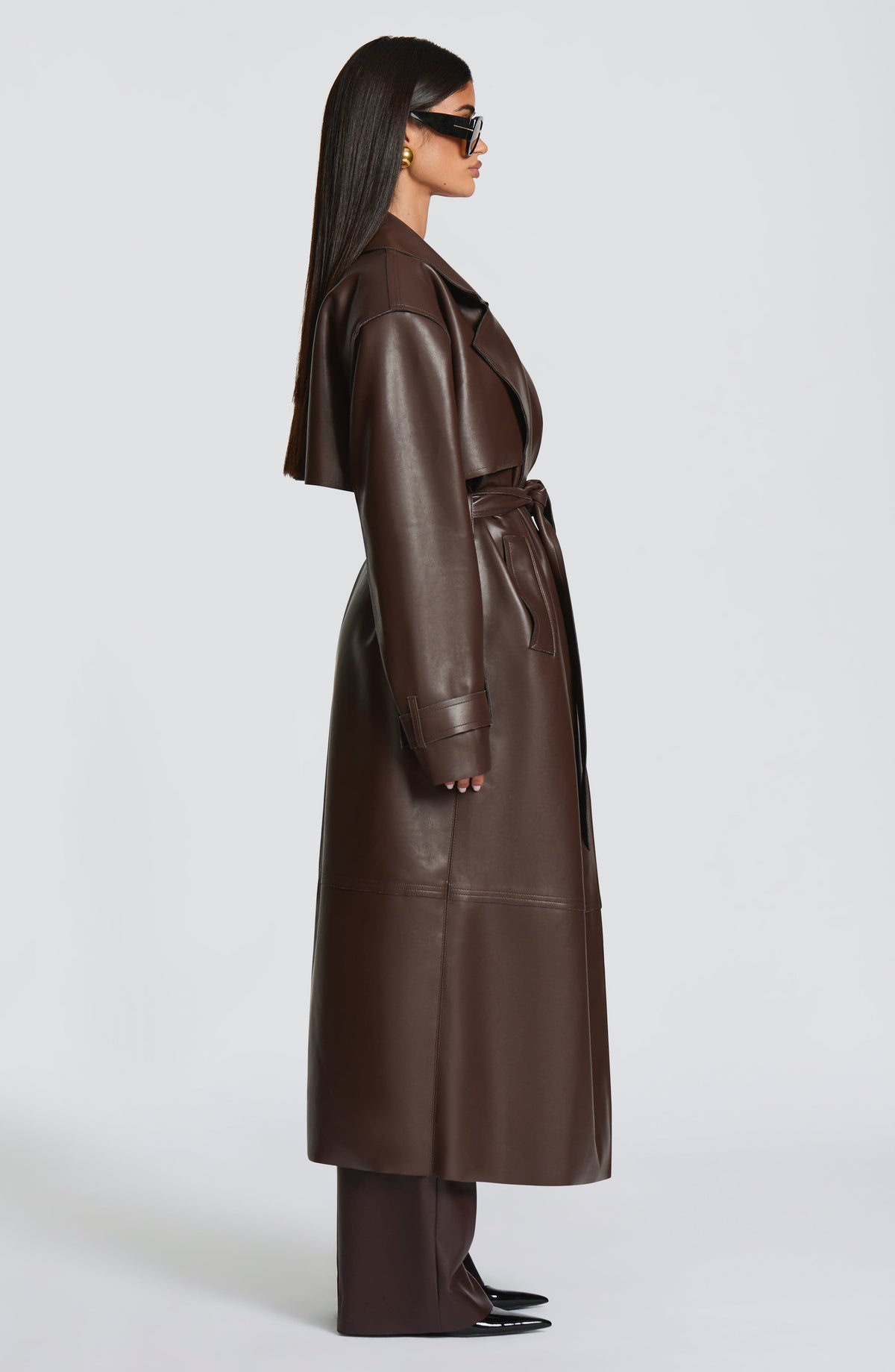 Gabardina Larga Efecto Piel Bridget – Marrón Ciruela