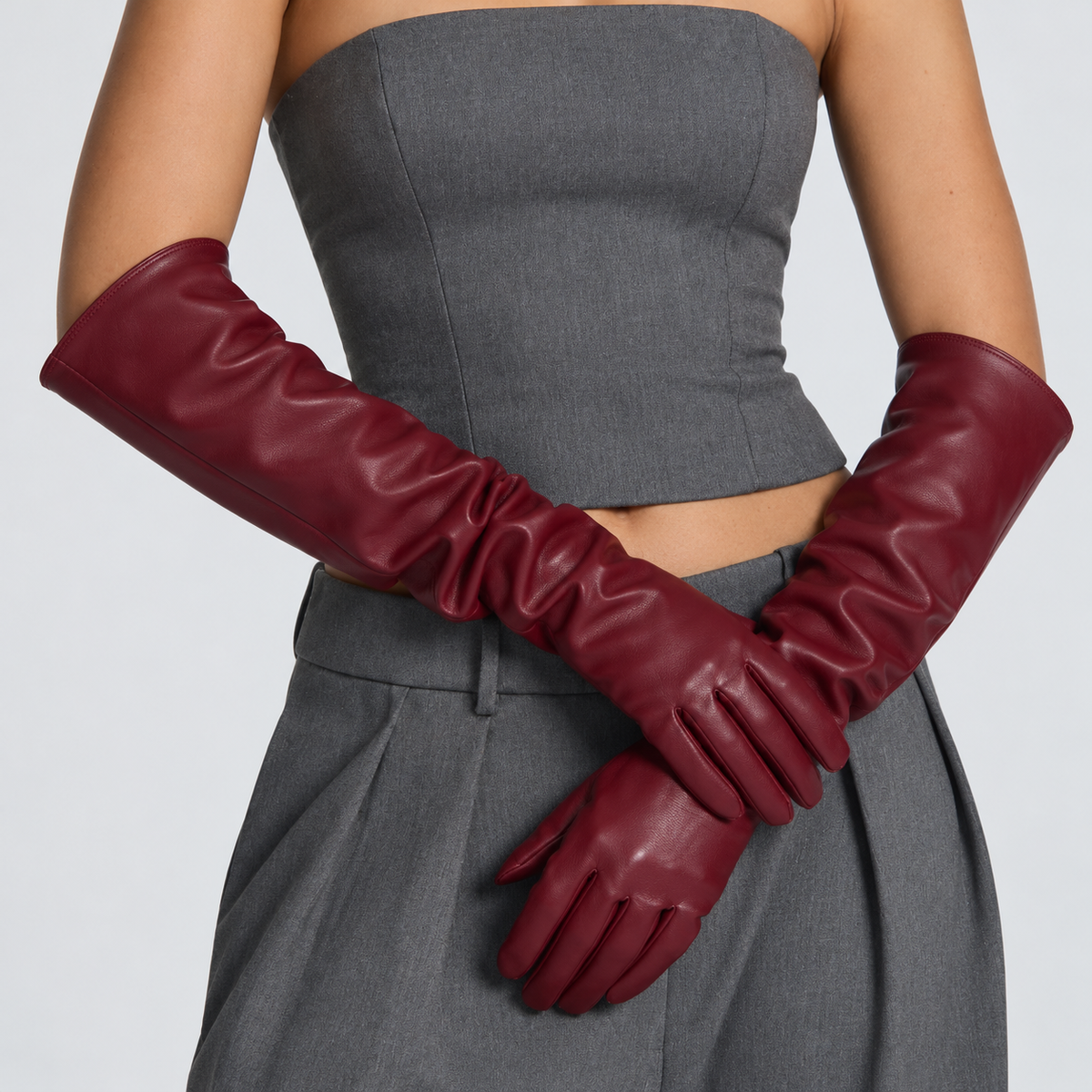 Guantes Largos Efecto Piel Frankie – Burdeos — vista 03