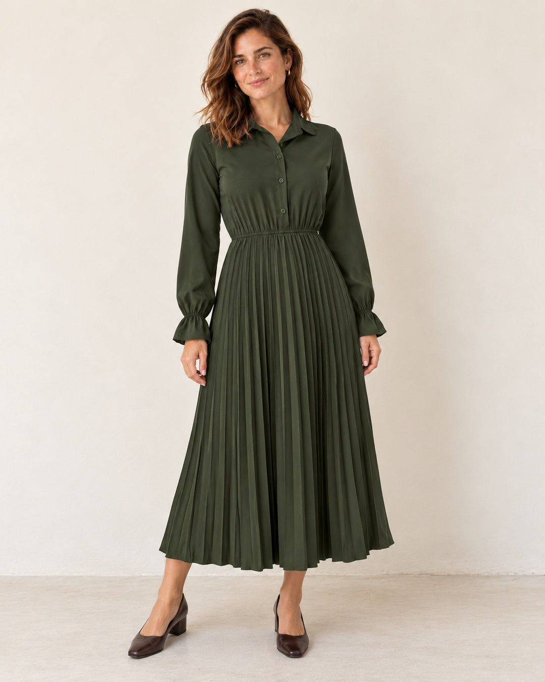 Vestido Camisero Largo Plisado con Botones · 1