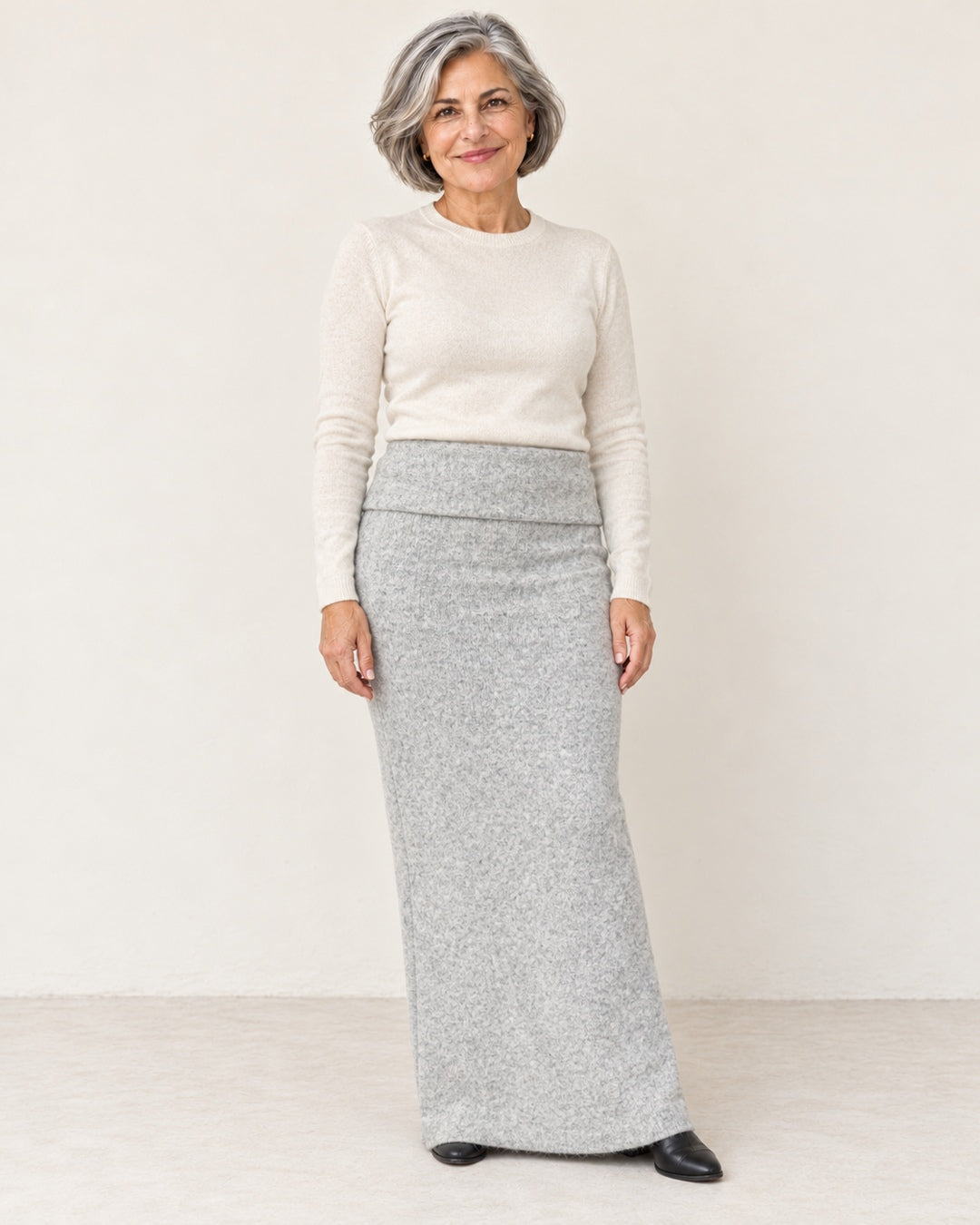 Falda Larga de Punto Andie – Gris Claro Jaspeado · 2