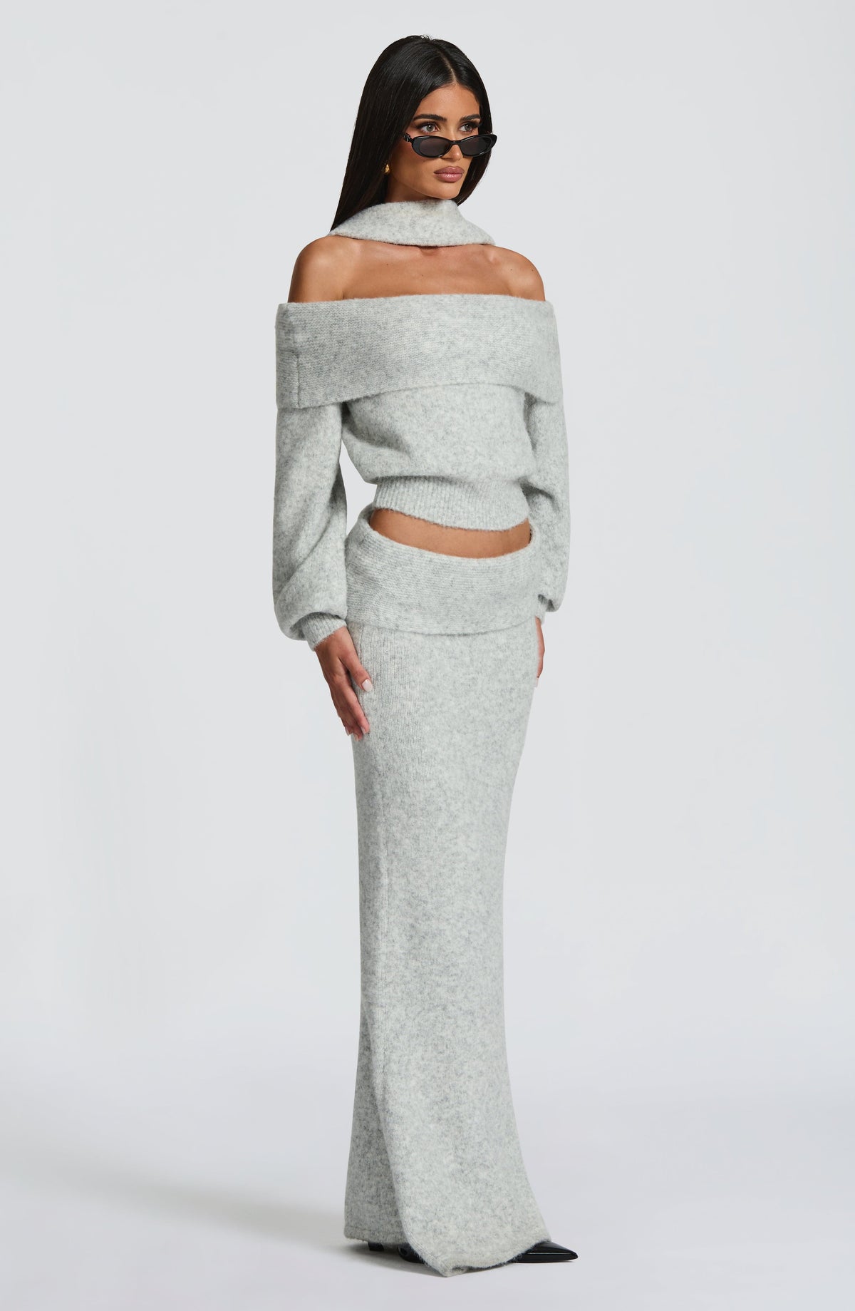 Jersey de Punto Hombros Descubiertos Andie – Gris Claro Jaspeado