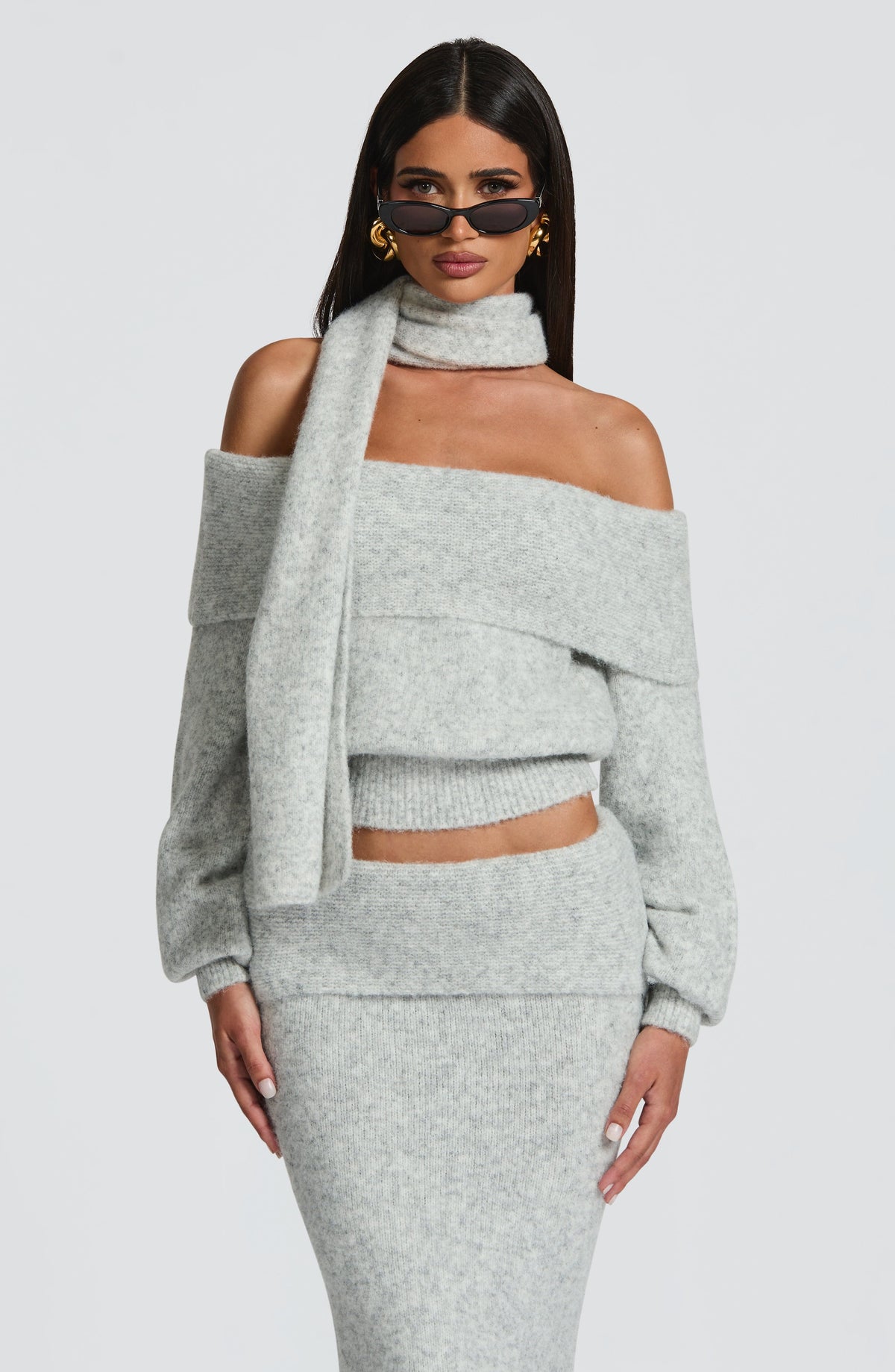 Jersey de Punto Hombros Descubiertos Andie – Gris Claro Jaspeado