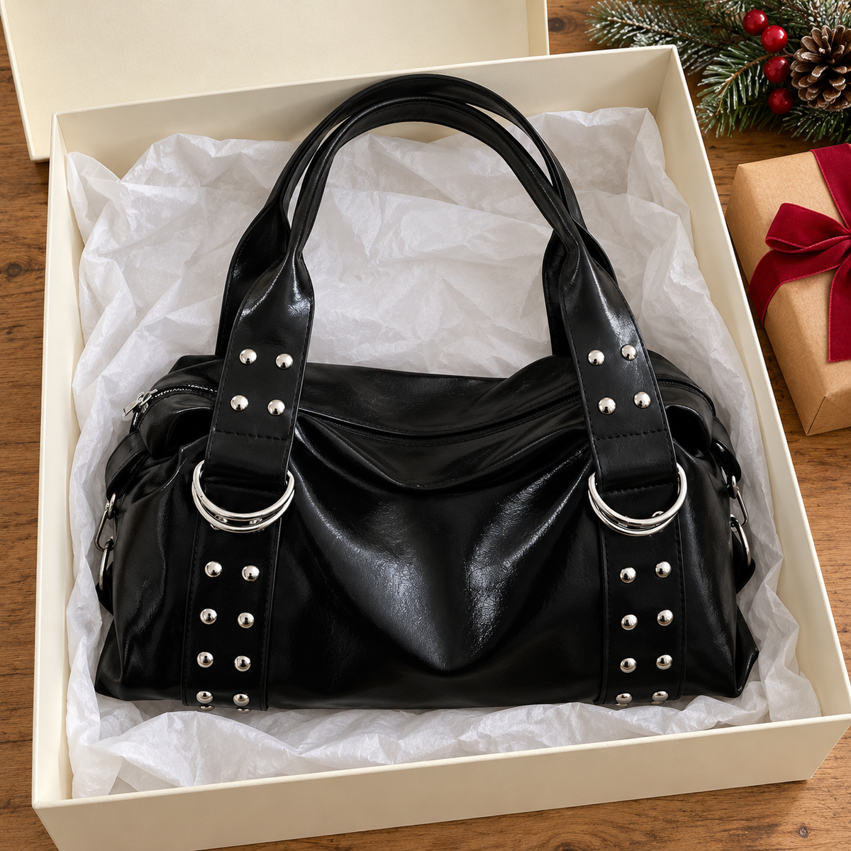 Bolso de Hombro Grande Efecto Piel – Negro — vista 04