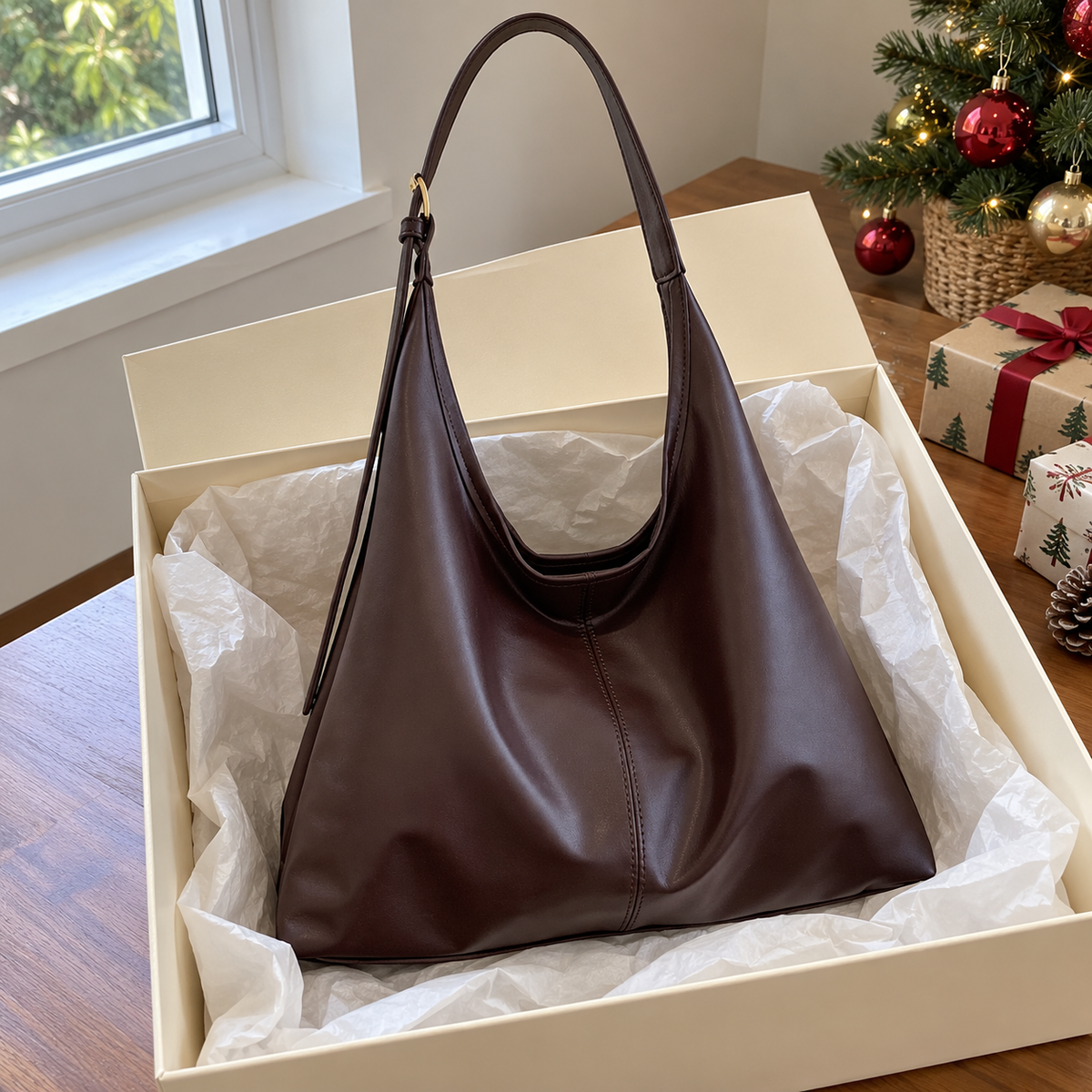 Bolso Tote Grande Efecto Piel – Marrón — vista 04