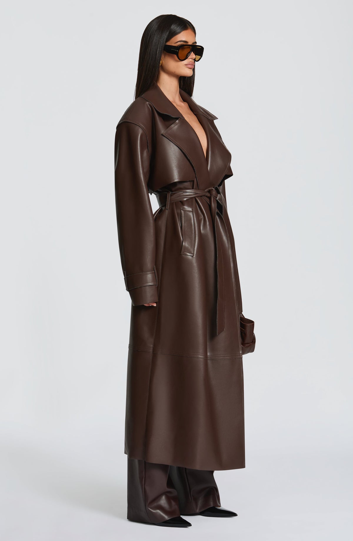 Gabardina Larga Efecto Piel Bridget – Marrón Ciruela