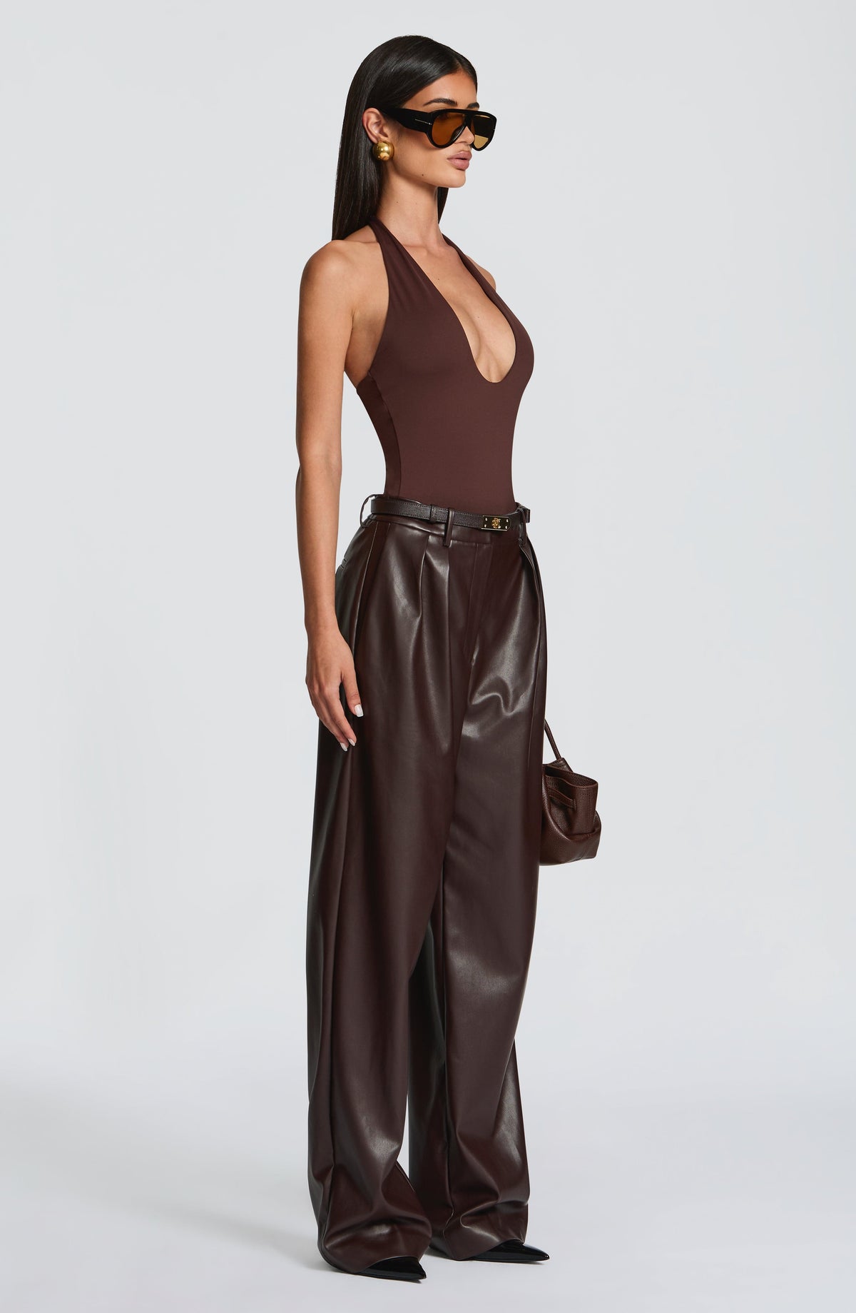 Pantalón Ancho Efecto Piel Glenda – Marrón Ciruela