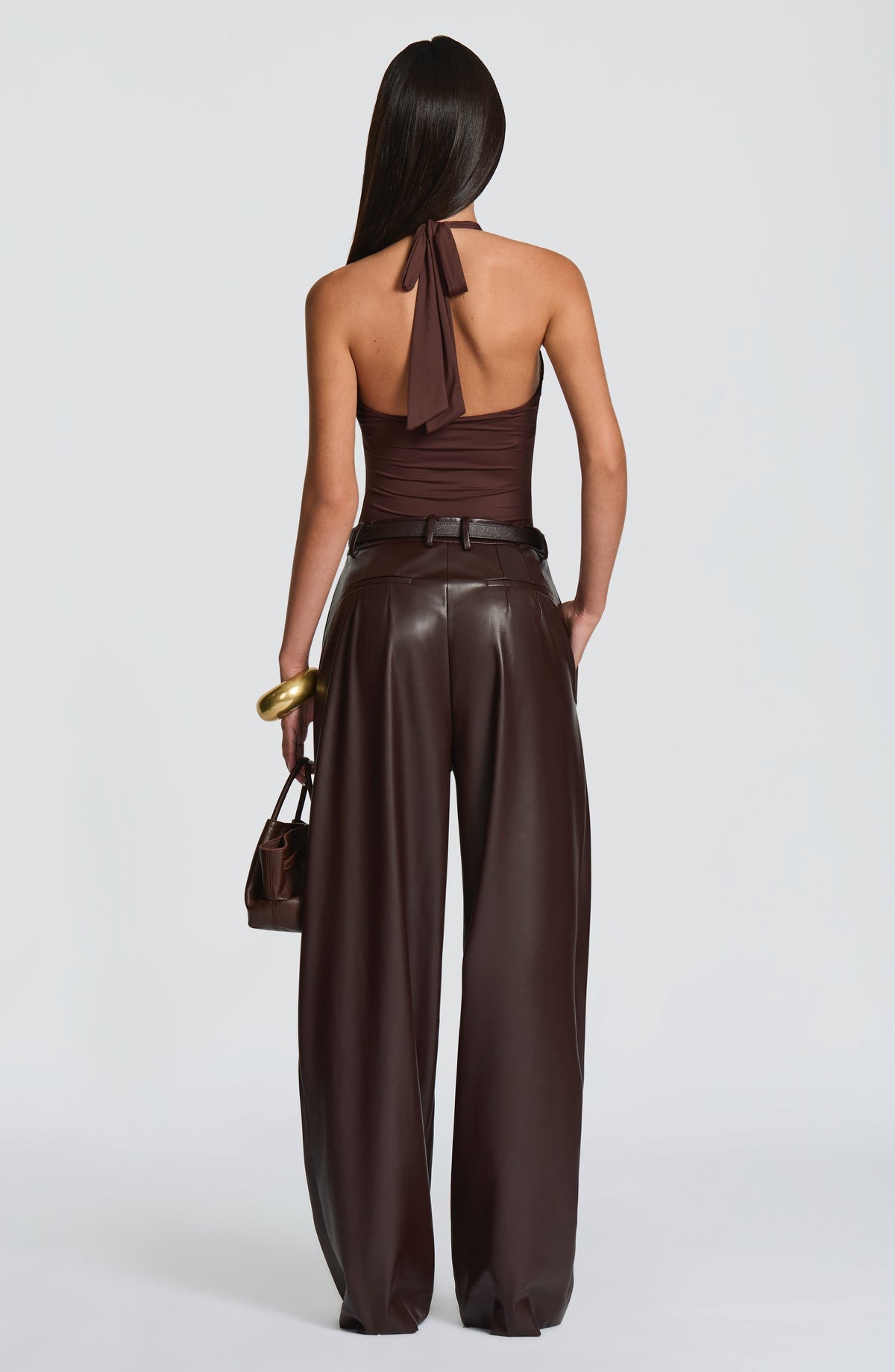 Pantalón Ancho Efecto Piel Glenda – Marrón Ciruela