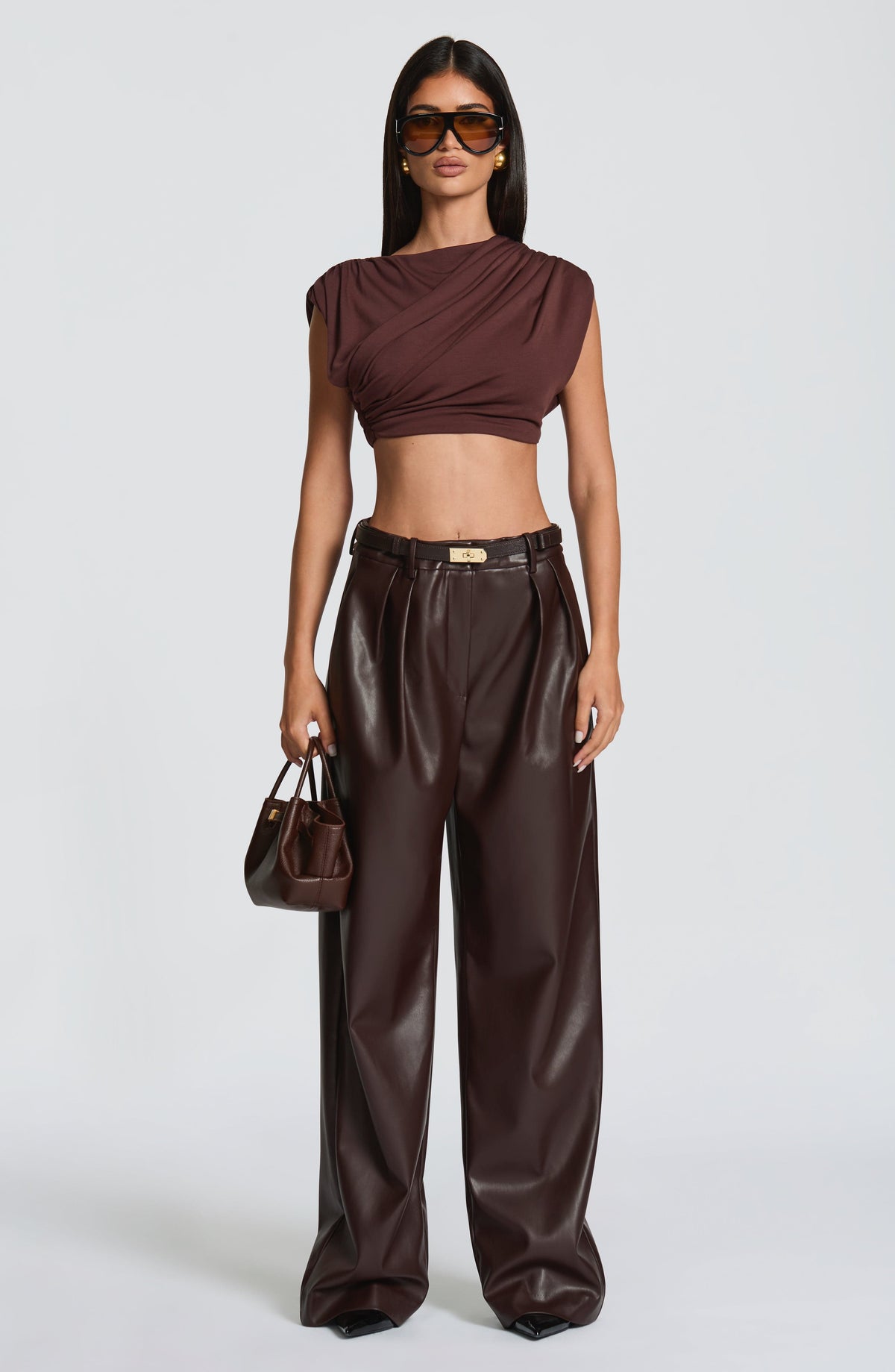 Pantalón Ancho Efecto Piel Glenda – Marrón Ciruela