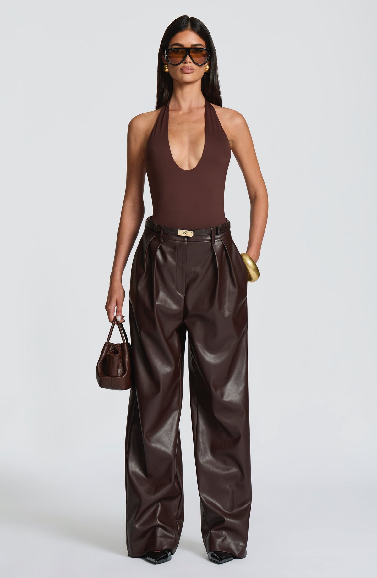 Pantalón Ancho Efecto Piel Glenda – Marrón Ciruela