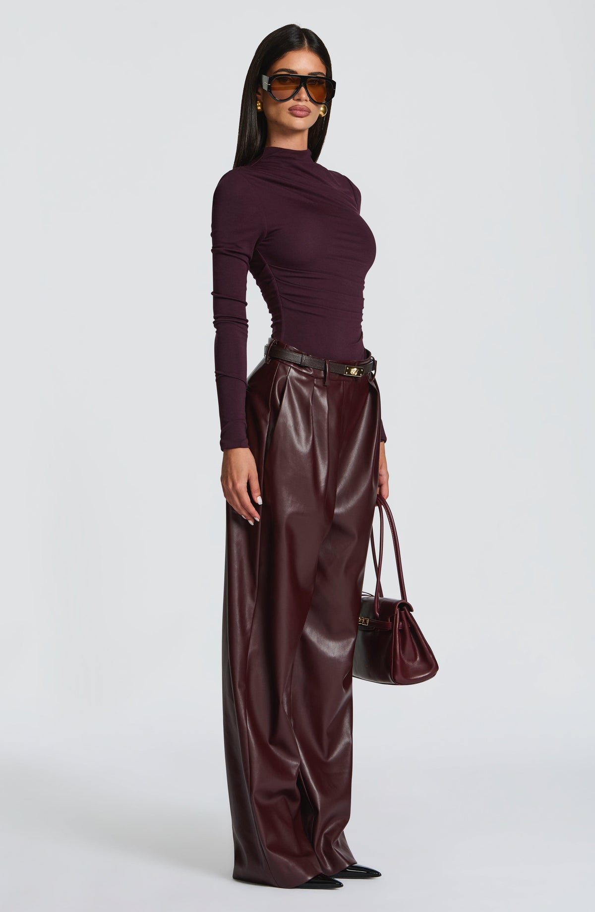 Pantalón Ancho Efecto Piel Glenda – Ciruela