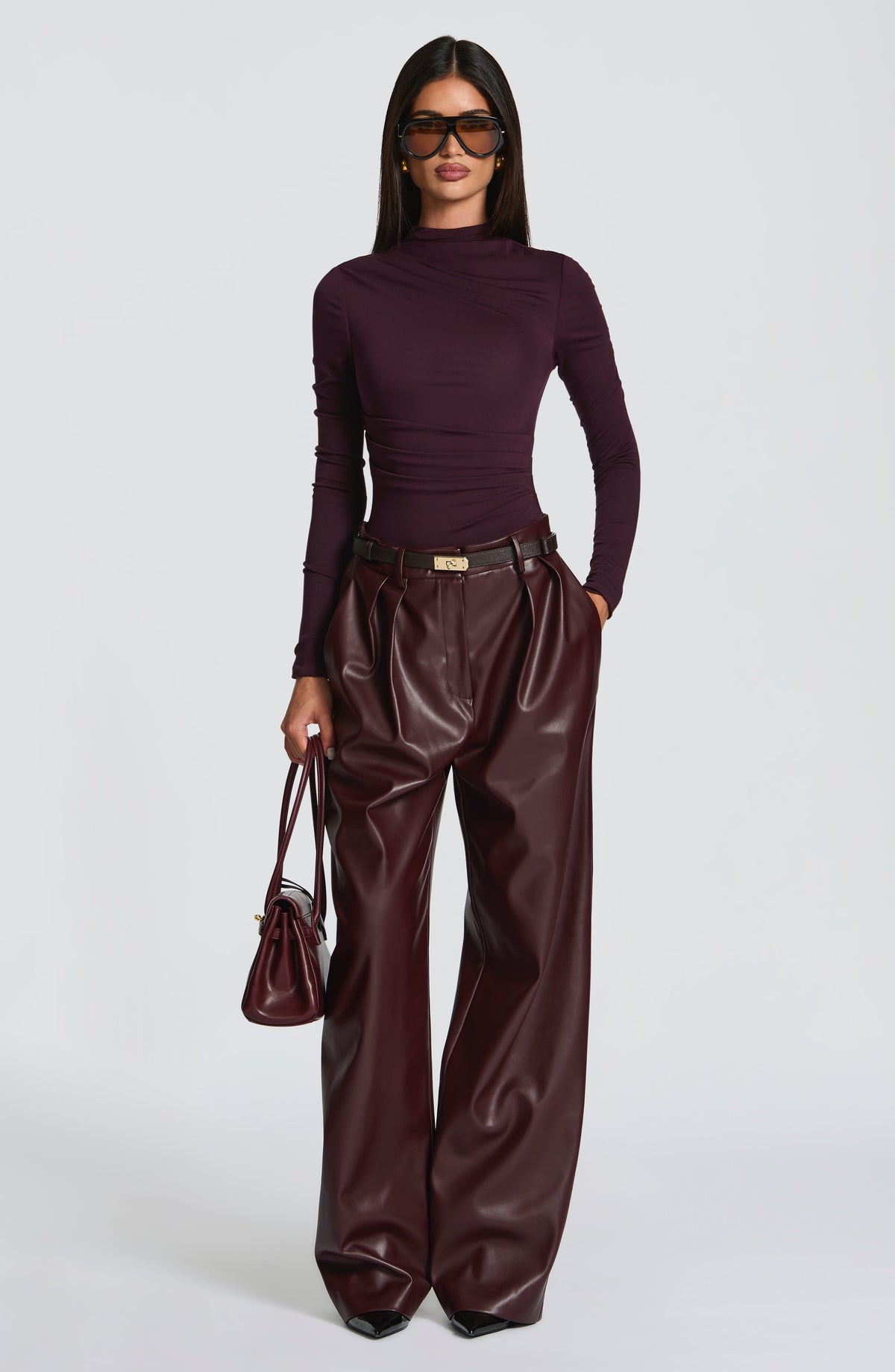 Pantalón Ancho Efecto Piel Glenda – Ciruela