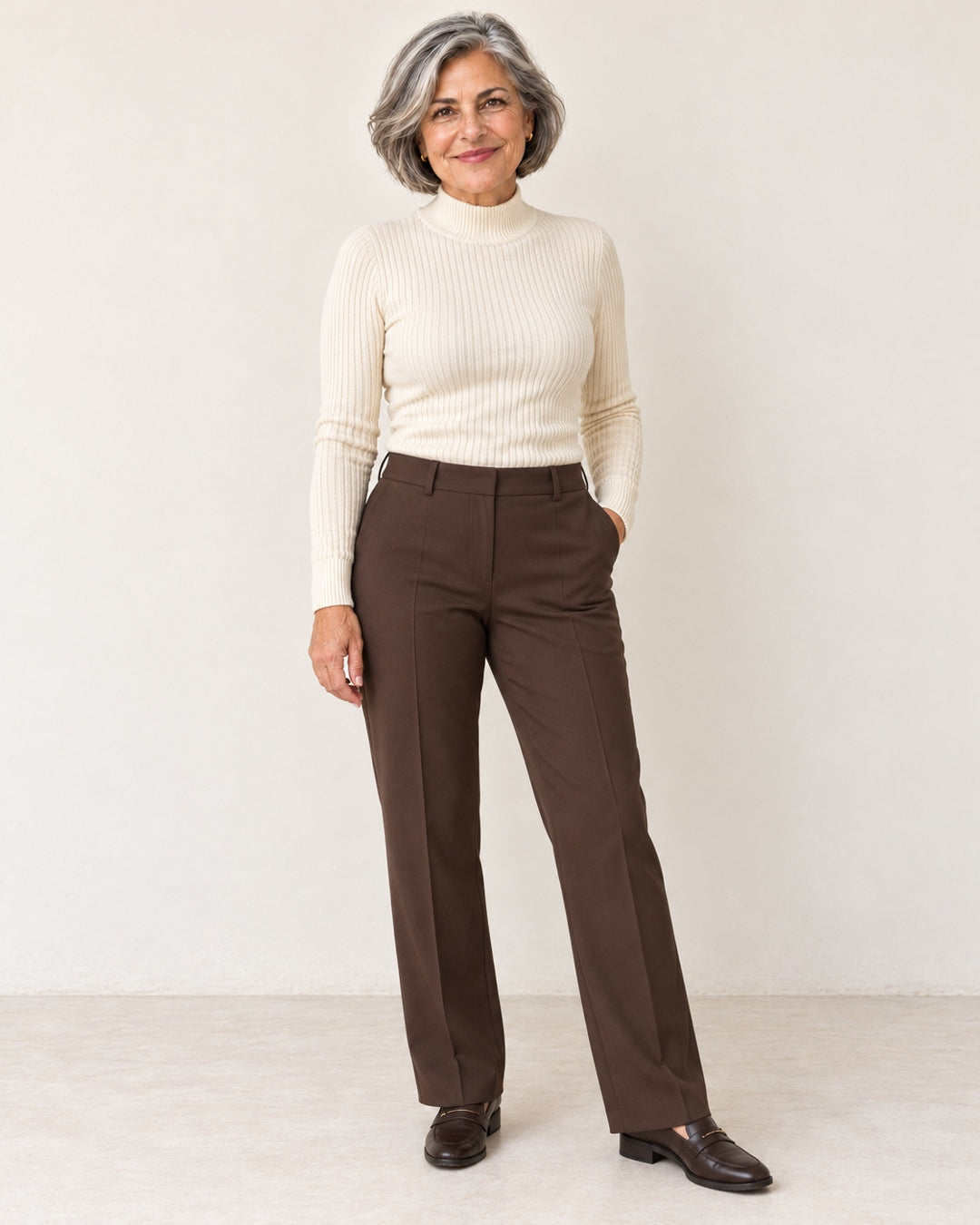 Jersey Ajustado de Cuello Alto – Crema · 2