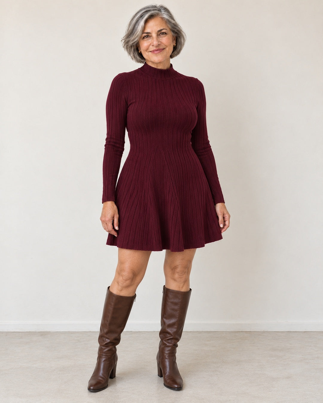 Vestido Midi Cuello Alto con Falda Evasé · 2