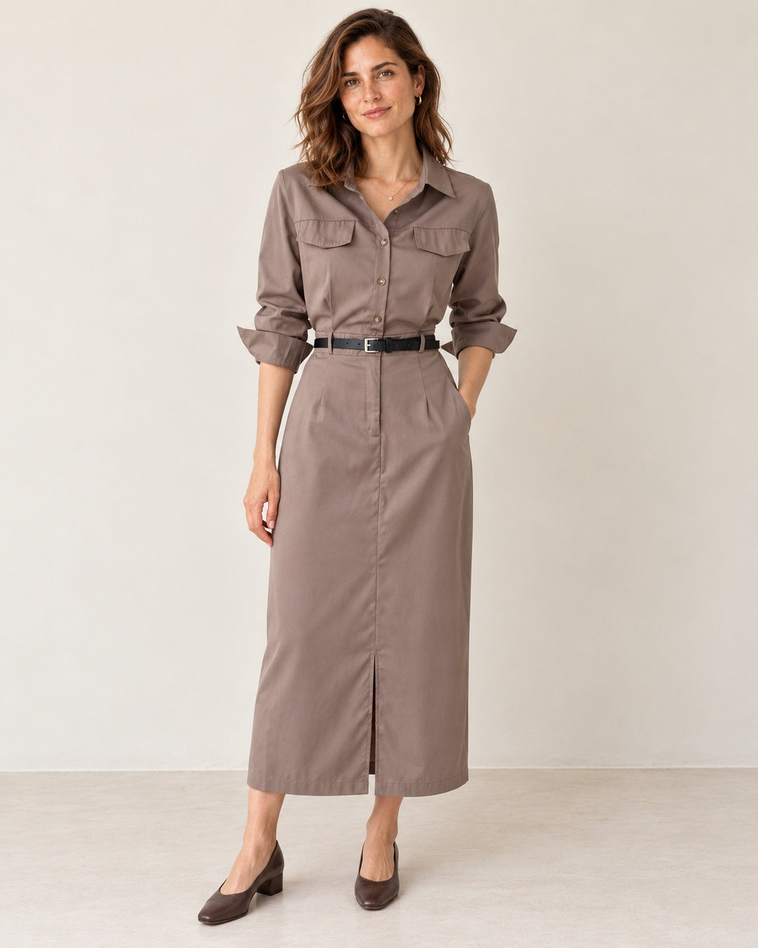 Vestido Camisero Midi de Manga Larga · 1