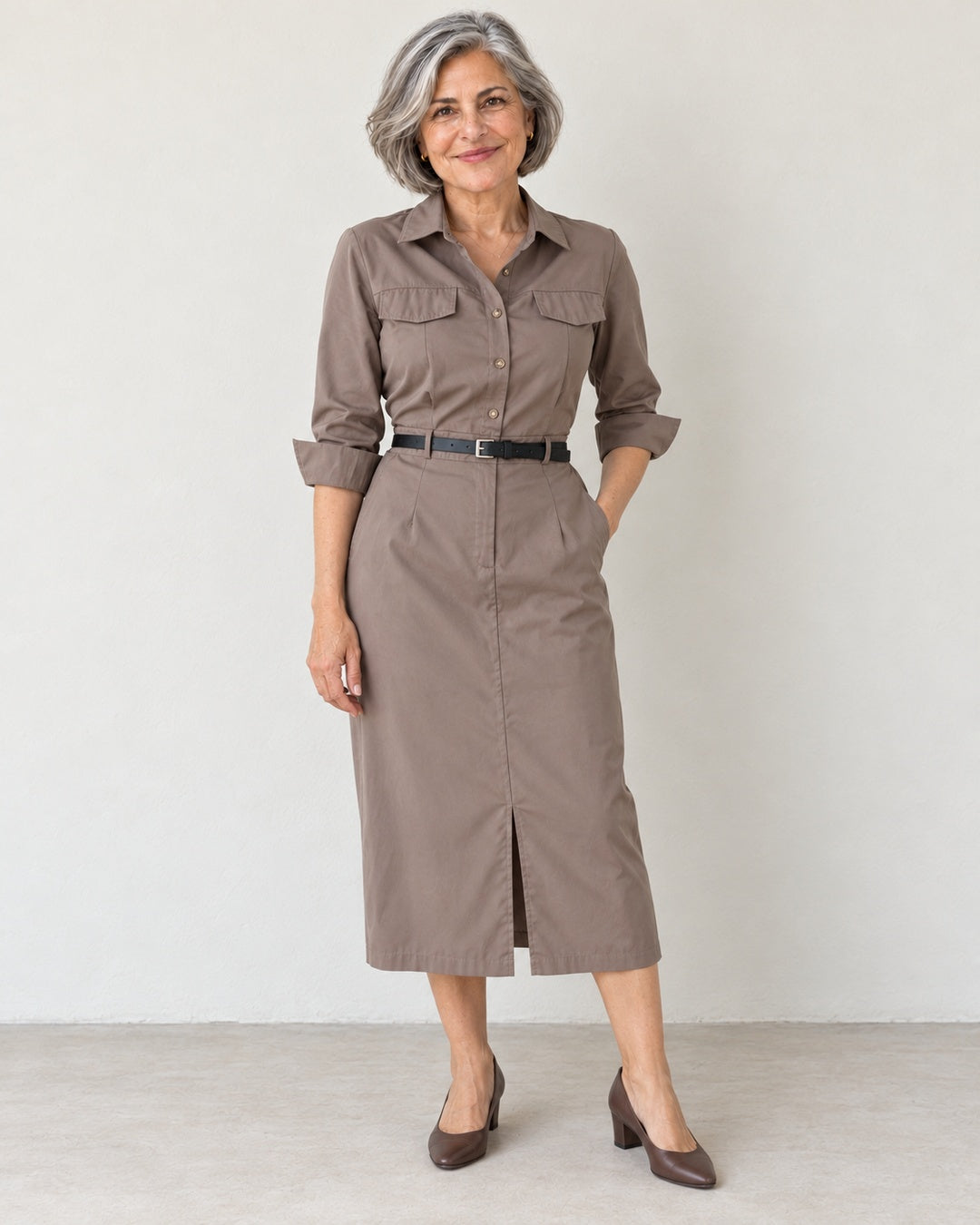 Vestido Camisero Midi de Manga Larga · 2