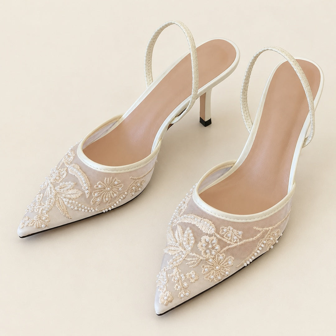 Zapatos de Tacón Destalonados de Encaje – Blanco · 1
